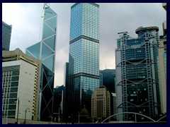 Statue Square, the historical heart of Hong Kong. In the middle is the 69-storey Cheung Kong Centre by Li Ka-shing, built in 1999. It's feng shui was adjusted to its neighbour, Bank of China Tower. Because of superstition,  it lacks all floors that ends with 4.